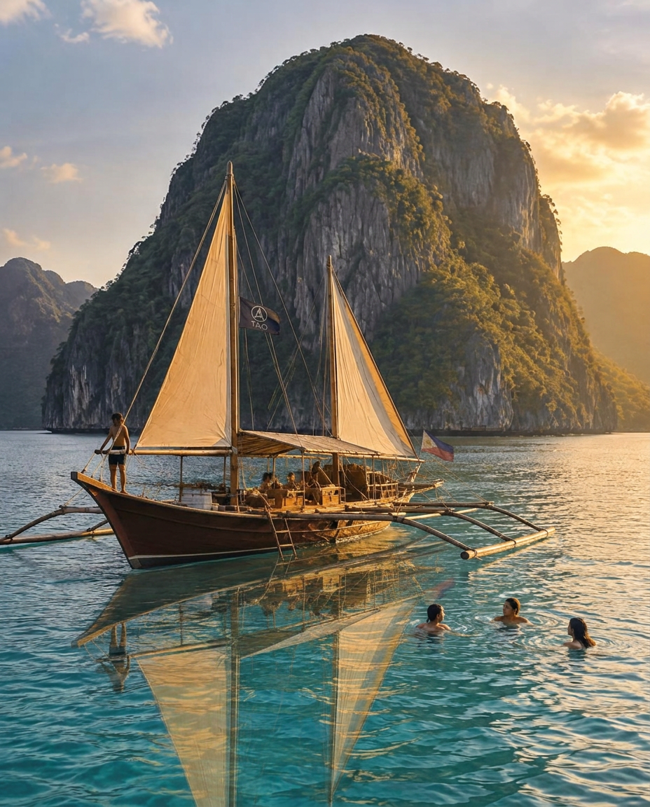 Brown paraw sailing boat in front of Pinagbuyutan Island, El Nido